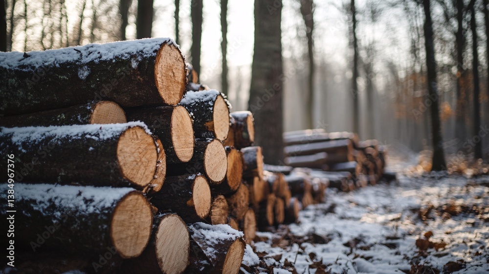 Poster pile of logs covered in snow in a forest clearing
