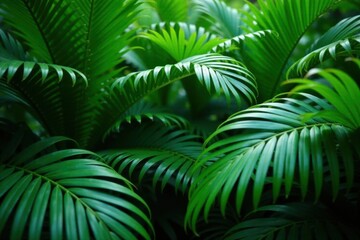 Dense foliage of emerald green palm leaves in a lush tropical environment, vegetation, botanical