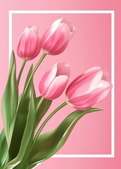 Fototapeta premium Tulips Poster Design with Pink Background, White Geometric Frame, and Minimalist Flat Style