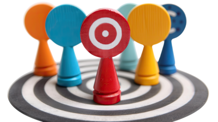 Target in Focus: A central target, ringed by colorful surrounding objects, embodies a strategic focus on achieving goals. Representing precision, and the pursuit of success