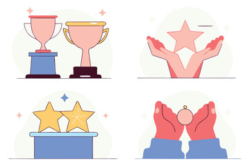 Colorful Trophy Icon Set – Flat Vector Illustration of Award Cups and Medals for Achievement, Success, Competition, and Sports Recognition on White Background .