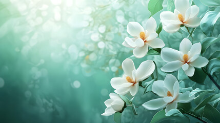 Fototapeta premium A serene illustration of blooming white flowers with soft green and blue hues.