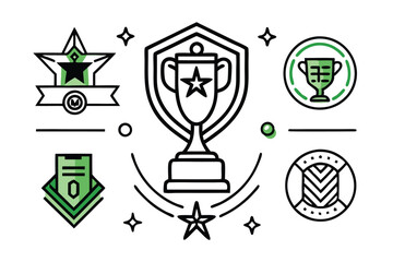 Colorful Trophy Icon Set – Flat Vector Illustration of Award Cups and Medals for Achievement, Success, Competition, and Sports Recognition on White Background .