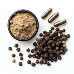 spice extract capsule Organic black pepper powder and whole peppercorns in a bowl, perfect for culinary uses and health benefits.