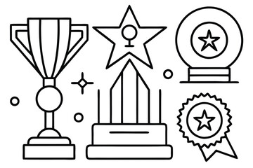Colorful Trophy Icon Set – Flat Vector Illustration of Award Cups and Medals for Achievement, Success, Competition, and Sports Recognition on White Background .