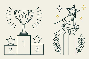 Colorful Trophy Icon Set – Flat Vector Illustration of Award Cups and Medals for Achievement, Success, Competition, and Sports Recognition on White Background .