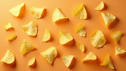 Naklejka premium A vibrant scattering of crispy, golden potato chips arranged on a smooth, warm-toned surface, showcasing their delicate texture and appetizing color