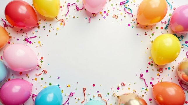 A festive celebration background featuring colorful balloons and confetti, perfect for party invitations or celebratory designs.