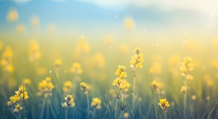 Fototapeta premium Serene field of vibrant yellow wildflowers bathed in soft morning sunlight creating a peaceful and dreamy atmosphere perfect for spring backgrounds AI Generative