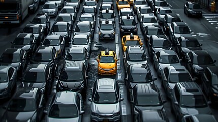 Fototapeta premium New york landscape with lots of black cars in traffic, with only 1 yellow car looking like a taxi, stuck in the traffic, Generative AI illustrations. 