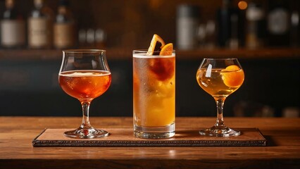 Refined bar setup with barrel-aged cocktail trio in smoked glassware