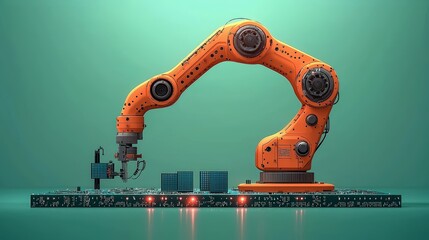 Industrial robotic arm on circuit board performing automated assembly tasks with precision