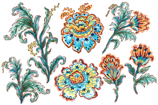 Fantasy flowers in retro, vintage, jacobean damask style. watercolor trendy floral design.