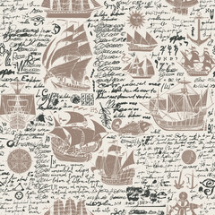 Vector abstract seamless background on the theme of travel, adventure and discovery. Old caravels, vintage sailing yachts, wind roses, anchors and fish and birds in vintage style. With illegible text
