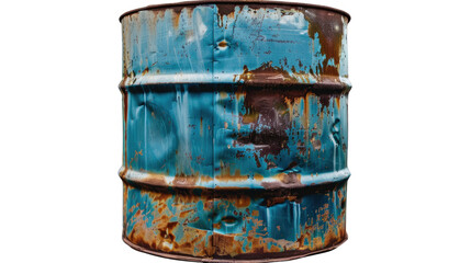 Rusty Barrel's Industrial Story: An aged, weathered blue and brown barrel shows industrial heritage, bearing the marks of time. It's a visual narrative of the passage of time.