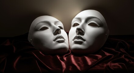 Two white masks resting on dark red fabric, evoking themes of mystery and drama
