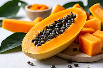 Sliced papaya displaying vibrant orange flesh and small black seeds near additional fruit pieces