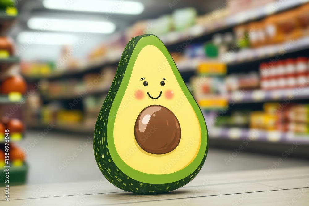 Aufkleber playful oversized cartoon avocado with exaggerated features in a colorful grocery store setting