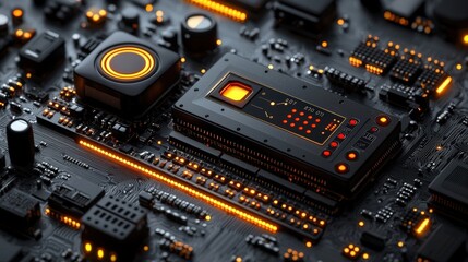 Fototapeta premium Modern Circuit Board with LED Lights and Microchips for Technology and Innovation Background Use