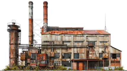 Rustic Industrial Vista: An weathered industrial complex, with towering smokestacks and a decaying façade, conveys a sense of history and the passage of time.