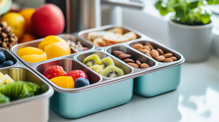 Colorful healthy snack box for kids with fruits, kiwi, strawberries and almonds