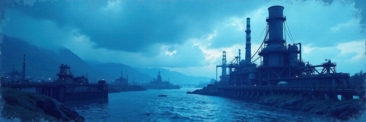 Distressed blue print effect added to an industrial landscape photo,  metal,  engineering