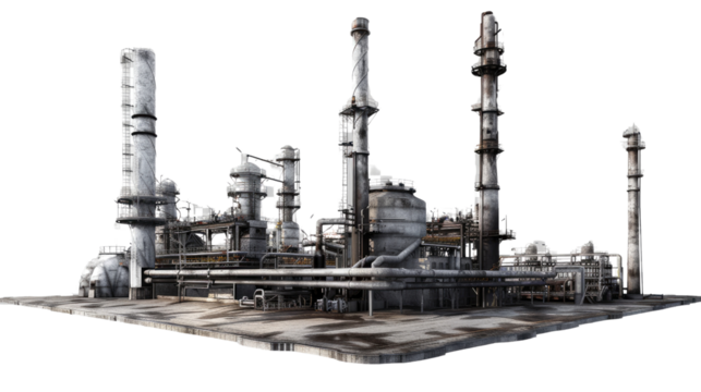 Industrial Landscape: A weathered, detailed view of an industrial facility, showcasing the intricate network of pipes, towers, and structures against the sky. 