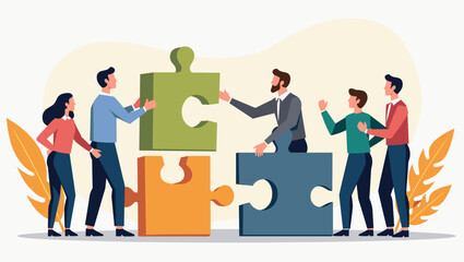 United Teamwork: Diverse Professionals Connecting Colorful Puzzle Pieces for Synergy & Innovation. Collaboration, Problem Solving, and Strategic Partnerships Vector Graphic