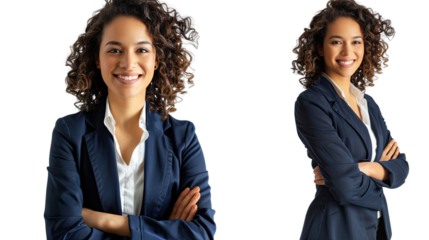 Confident and Professional: A striking professional in a smart, navy blue suit, exuding confidence and a polished demeanor, poses for a professional portrait with an inviting smile.