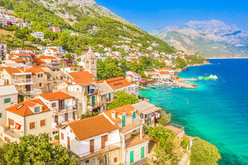 Beautiful panoramic view of the fishing village Pisak on Croatia’s Adriatic coast, nestled...