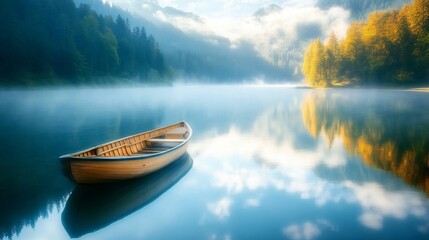 Wooden boat floats peacefully on calm water near forested mountains