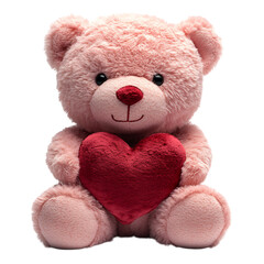 Obraz premium Pink Teddy Bear Holding Red Heart Isolated on Transparent Background