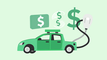 Vibrant Green Electric Car Vector Graphic Showcasing Energy Efficiency and Cost Savings with Dollar Symbols and a Charging Cord on a Light Green Background