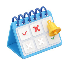 3D Calendar Icon in Blue with Spiral Binding and Yellow Bell Notification Symbol