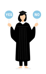Simple illustration of an asian female graduate in a graduation gown and square cap holding a yes-no stick