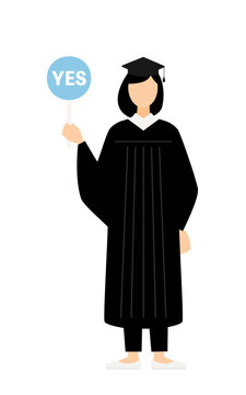 Simple illustration of an asian female graduate in a graduation gown and square cap holding a yes-no stick