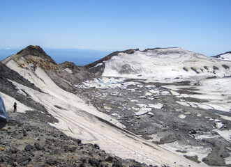 Ice covered rocks on the hills of Mt Ruapehu summit track. Unrecognizable people hiking in the distance. North Island. New Zealand.
