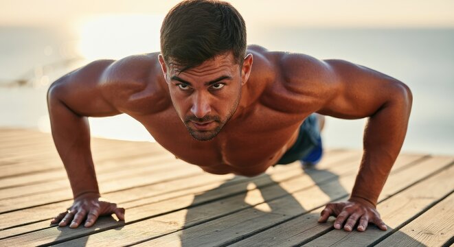 Muscular man doing push-ups on wooden deck by sea