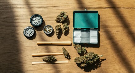 Cannabis buds, grinder, and rolling papers on wooden surface