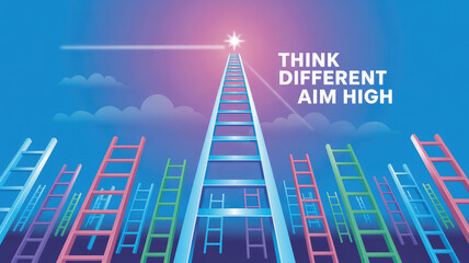 Fototapeta premium Climbing to Success: A motivational depiction of various ladders ascending towards a star, with a call to action urging viewers to 