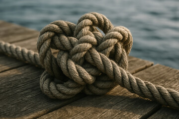 Fototapeta premium Thick Nautical Rope Knot on Wooden Pier by the Sea