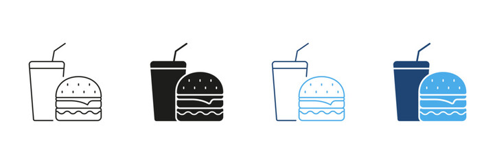 Burger and Drink Line and Silhouette Icon Set. Fast Food Meal with Soda and Cheeseburger for Takeaway or Quick Service Restaurant. Junk Food Icon. Isolated Vector Illustration