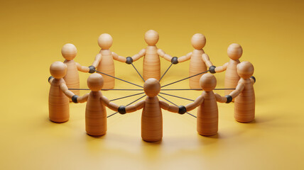 Obraz premium Collective Bonds: Wooden figures linked together, symbolizing unity, collaboration, and interconnectedness in a network on a textured background.