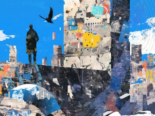 Fototapeta premium Man atop abstract city structure with crow against blue sky, collage style