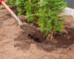 A shovel plants a small evergreen tree, symbolizing growth and new beginnings in the garden.