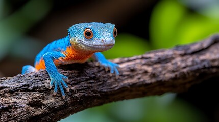 Vibrant blue and orange lizard on branch