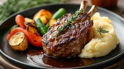 Delicious Grilled Lamb Chop with Mashed Potatoes and Vegetables