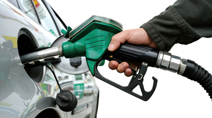 Fueling Up: A close-up view showcases a hand gripping a fuel nozzle, refueling a vehicle. This image captures the essential process of fueling up for travel, a daily ritual for many.