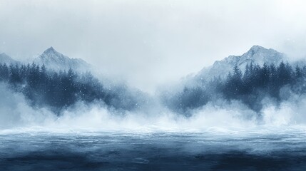 Naklejka premium Misty Blue Landscape with Mountains and Pine Trees under a Cloudy Sky