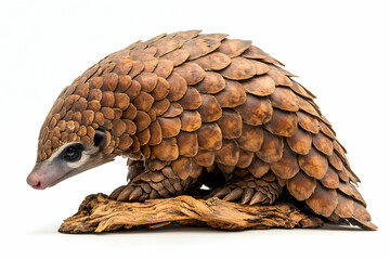 Fototapeta premium Detailed studio shot of a pangolin with unique scaly armor on a white background offering a clear view of its distinctive features